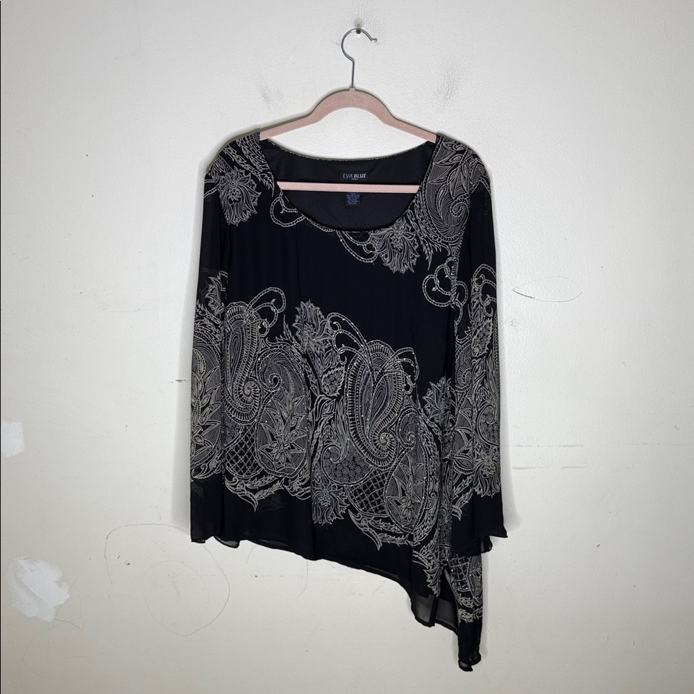 Eva Blue Black and Silver Beaded Asymmetrical Top Size 20
